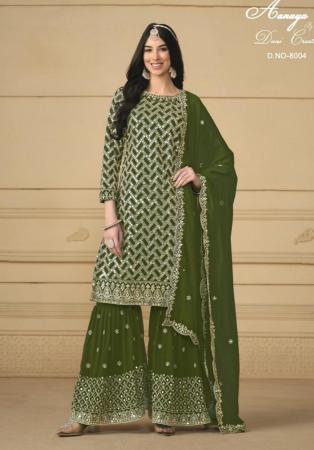 Picture of Georgette Dark Olive Green Straight Cut Salwar Kameez