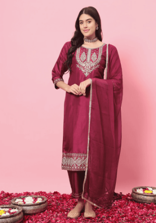 Picture of Fine Silk Indian Red Readymade Salwar Kameez