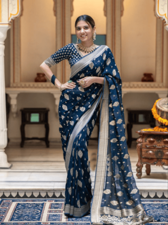 Picture of Well Formed Silk Navy Blue Saree