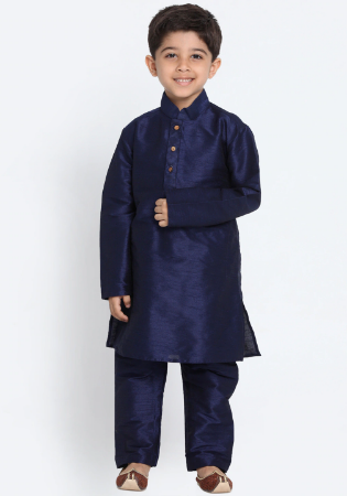 Picture of Fine Silk Navy Blue Kids Kurta Pyjama