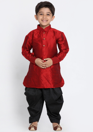 Picture of Fine Silk Maroon Kids Kurta Pyjama