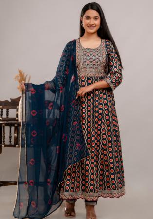 Picture of Rayon & Cotton Navy Blue Readymade Salwar Kameez