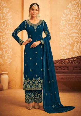 Picture of Georgette & Silk Navy Blue Straight Cut Salwar Kameez