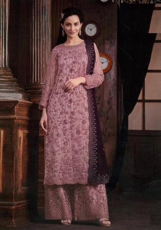 Picture of Delightful Net Rosy Brown Straight Cut Salwar Kameez