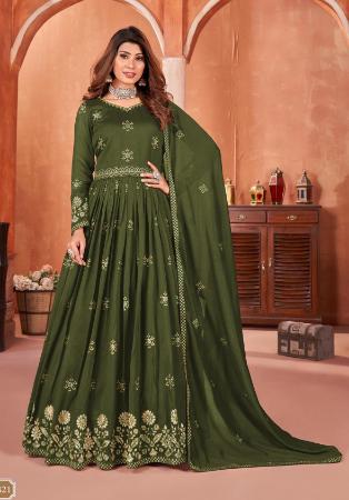 Picture of Comely Silk Dark Olive Green Anarkali Salwar Kameez