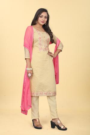 Picture of Silk Pale Golden Rod Straight Cut Salwar Kameez