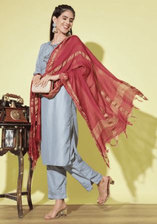 Picture of Cotton & Silk Light Slate Grey Readymade Salwar Kameez