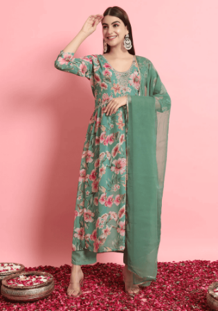 Picture of Georgette Dark Sea Green Readymade Salwar Kameez