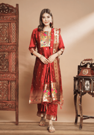 Picture of Well Formed Silk Maroon Readymade Salwar Kameez