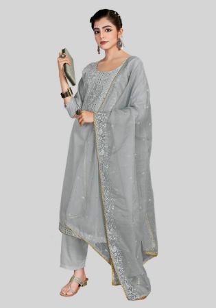 Picture of Silk Light Slate Grey Straight Cut Salwar Kameez