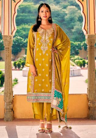 Picture of Chiffon Dark Golden Rod Straight Cut Salwar Kameez