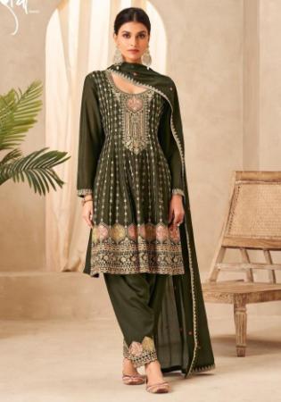 Picture of Chiffon Dark Olive Green Straight Cut Salwar Kameez