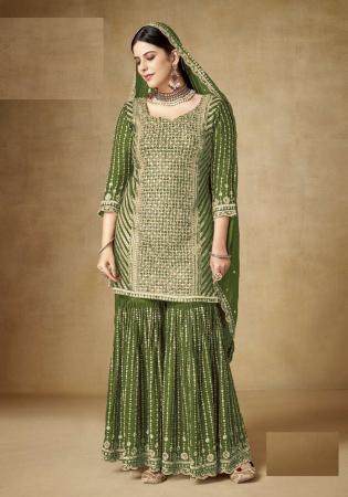 Picture of Chiffon Dark Olive Green Straight Cut Salwar Kameez