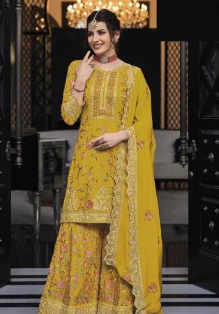 Picture of Silk Dark Golden Rod Straight Cut Salwar Kameez