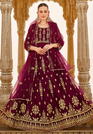 Picture of Delightful Net Maroon Anarkali Salwar Kameez