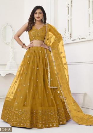 Picture of Excellent Net Dark Golden Rod Lehenga Choli