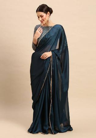 Picture of Georgette & Satin & Silk Dark Slate Grey Saree