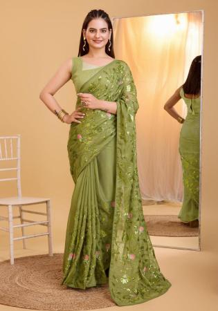 Picture of Amazing Silk & Organza Dark Khaki Saree