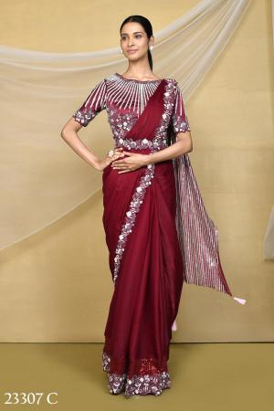 Picture of Shapely Crepe & Satin & Silk Maroon Saree