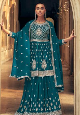 Picture of Magnificent Georgette Teal Straight Cut Salwar Kameez