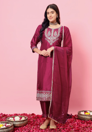 Picture of Fine Silk Indian Red Readymade Salwar Kameez