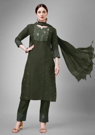 Picture of Cotton Dark Olive Green Readymade Salwar Kameez