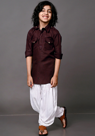 Picture of Fine Silk Brown Kids Kurta Pyjama