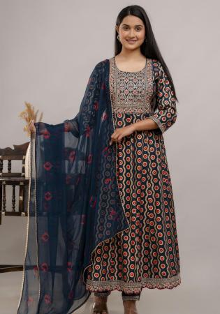 Picture of Rayon & Cotton Navy Blue Readymade Salwar Kameez