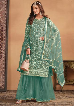 Picture of Classy Net Cadet Blue Straight Cut Salwar Kameez