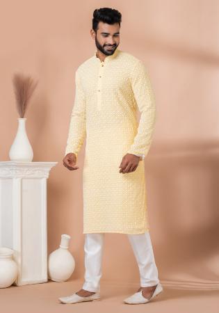 Picture of Ideal Cotton & Georgette Pale Golden Rod Kurtas