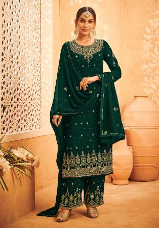 Picture of Georgette & Silk Dark Green Straight Cut Salwar Kameez