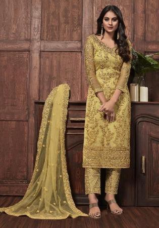 Picture of Georgette & Net Dark Khaki Straight Cut Salwar Kameez