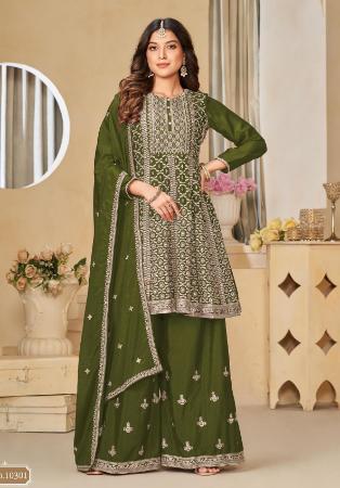 Picture of Chiffon Dark Olive Green Straight Cut Salwar Kameez