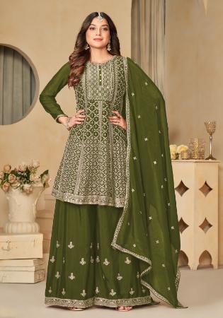 Picture of Chiffon Dark Olive Green Straight Cut Salwar Kameez