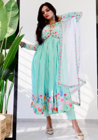 Picture of Chiffon Light Steel Blue Readymade Salwar Kameez