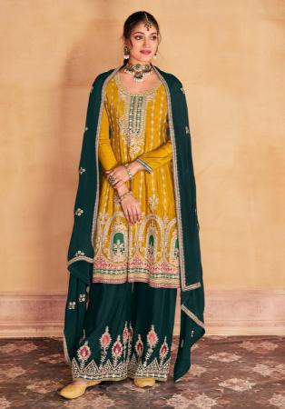 Picture of Silk Dark Golden Rod Straight Cut Salwar Kameez