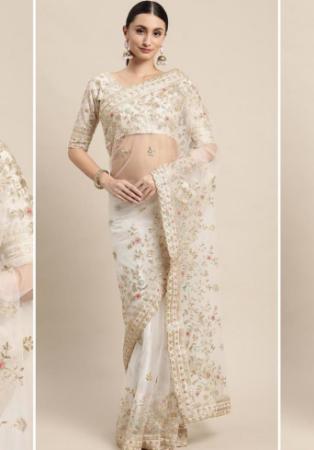 Picture of Stunning Net & Silk Off White Saree