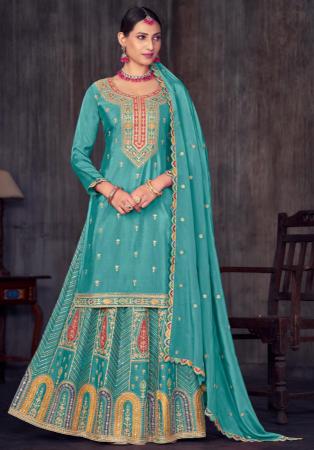 Picture of Chiffon Steel Blue Straight Cut Salwar Kameez