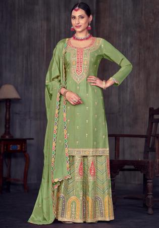 Picture of Chiffon Dark Sea Green Straight Cut Salwar Kameez