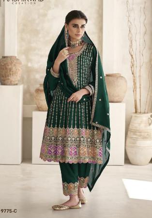 Picture of Chiffon Dark Green Straight Cut Salwar Kameez