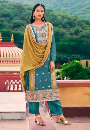 Picture of Chiffon & Silk Steel Blue Straight Cut Salwar Kameez