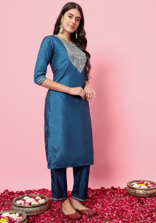 Picture of Bewitching Silk Steel Blue Readymade Salwar Kameez