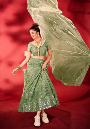 Picture of Good Looking Georgette & Net Dark Khaki Lehenga Choli