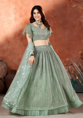 Picture of Beautiful Net Dark Olive Green Lehenga Choli