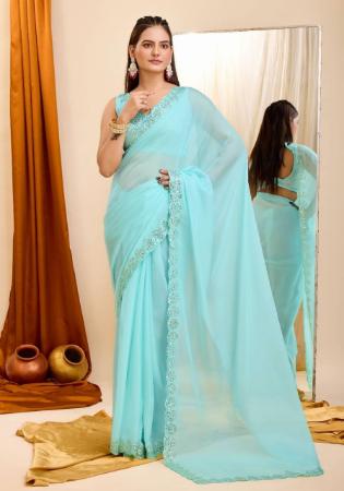 Picture of Lovely Silk & Organza Pale Turquoise Saree