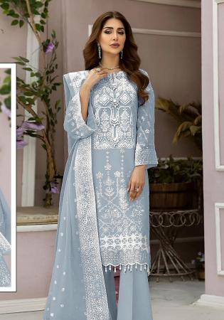 Picture of Organza Light Slate Grey Straight Cut Salwar Kameez