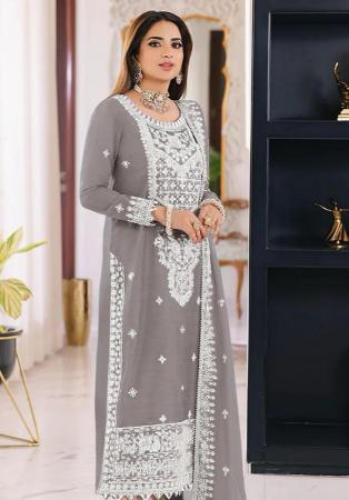 Picture of Beautiful Organza Grey Straight Cut Salwar Kameez