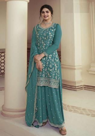 Picture of Chiffon Cadet Blue Straight Cut Salwar Kameez