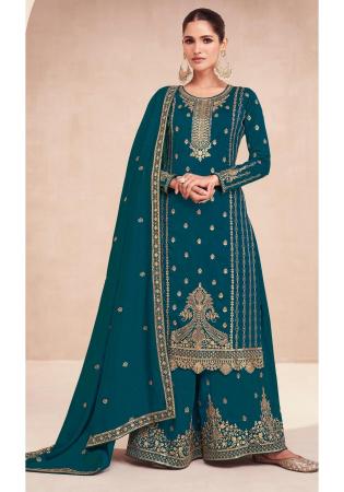 Picture of Appealing Silk Teal Straight Cut Salwar Kameez