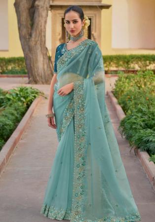 Picture of Comely Silk & Organza Cadet Blue Saree